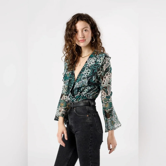 Band of the Free BohoV-Neck Floral Print Ruffle Sleeve Sheer body Suit | Large| - Picture 2 of 5